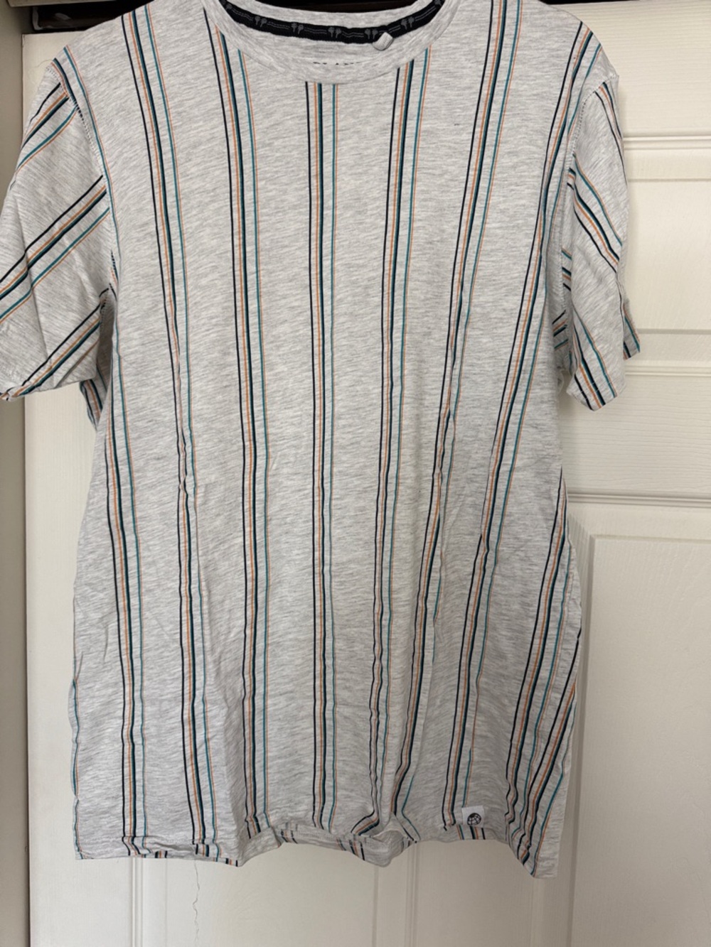 Free Planet Heather Gray Short Sleeve Tee with Teal & Tan Stripes